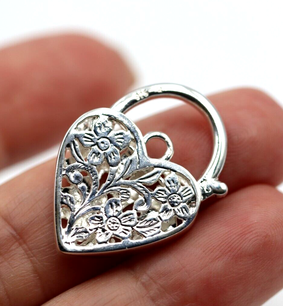 Large Sterling Silver Filigree Flat Heart Padlock Pendant 20mm