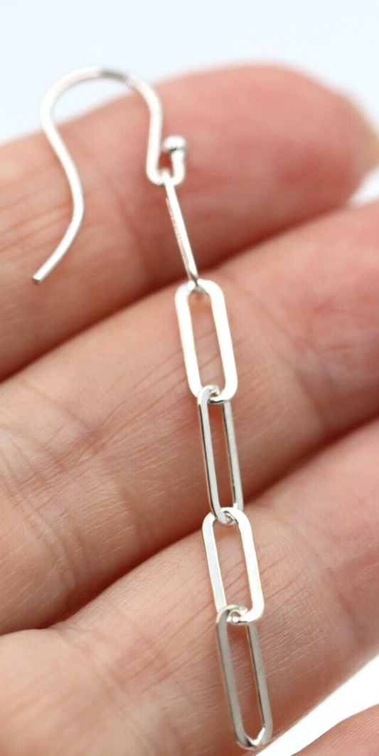 Genuine Sterling Silver 925 Paper Clip Link Drop Earrings