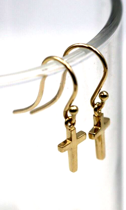 Genuine 9ct 9k Solid Delicate Small Yellow, Rose or White Gold Dangle Cross Earrings 10mm x 6mm