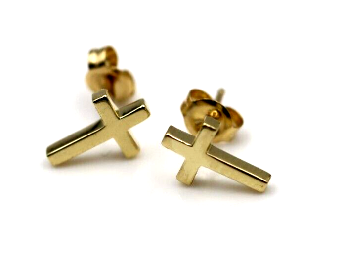 Genuine 9ct or 18ct Genuine Yellow, Rose or White Gold Cross Earrings Studs - 10mm long x 6mm