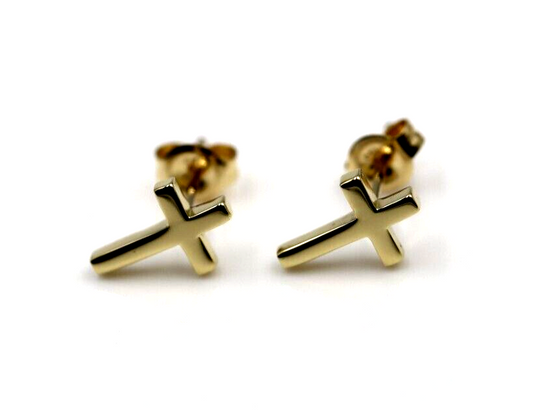 Genuine 9ct or 18ct Genuine Yellow, Rose or White Gold Cross Earrings Studs - 10mm long x 6mm