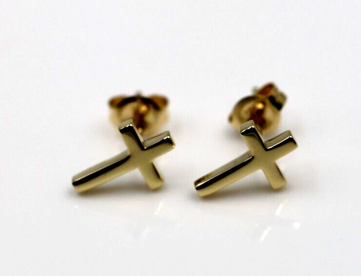 Genuine 9ct or 18ct Genuine Yellow, Rose or White Gold Cross Earrings Studs - 10mm long x 6mm