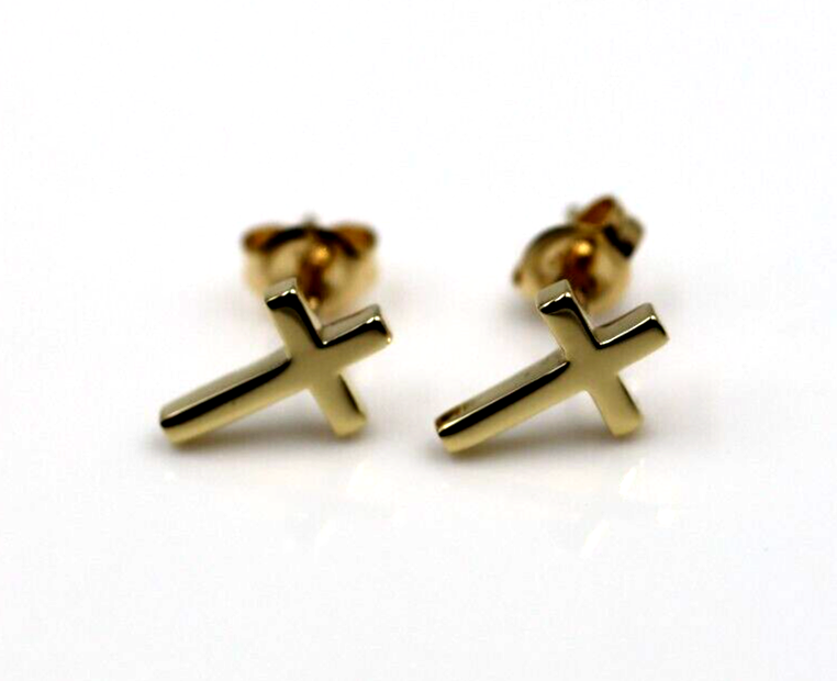 Genuine 9ct or 18ct Genuine Yellow, Rose or White Gold Cross Earrings Studs - 10mm long x 6mm