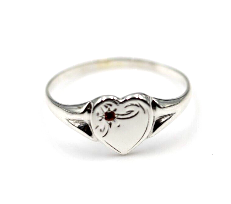 Size O Genuine Large Sterling Silver Heart Set with Garnet Signet Ring 265