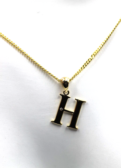 9ct Yellow Gold Diamond Set Block Initial Small Pendant Charm A to Z + Sterling Silver Chain (Gold plated)