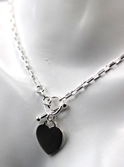 Genuine 45cm, 50cm or 55cm Sterling Silver 925 Cable Link With T-Bar And Heart Necklace