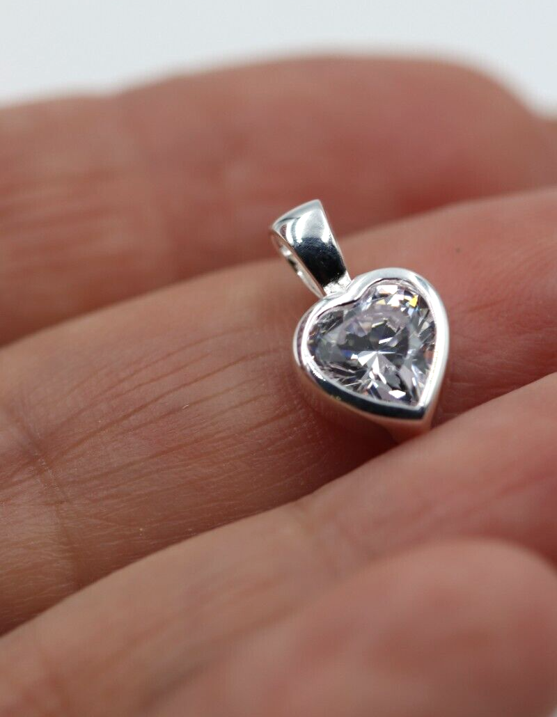 Sterling Silver 925 Small Bezel Set CZ Heart Pendant / Charm