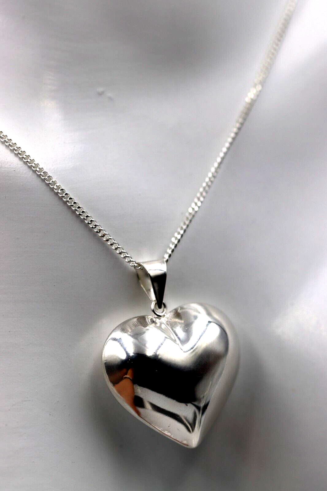 Genuine Sterling Silver 925 Medium Puffy Bubble Heart Pendant + Necklace Chain