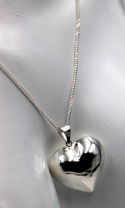 Genuine Sterling Silver 925 Medium Puffy Bubble Heart Pendant + Necklace Chain