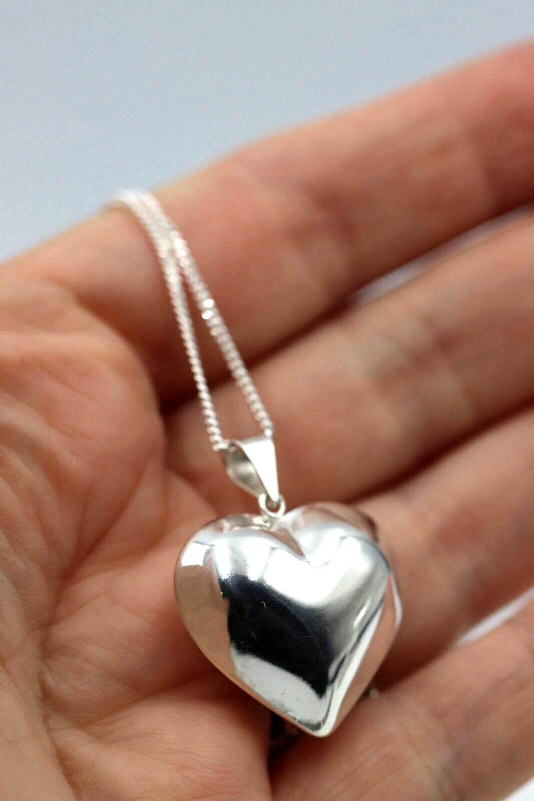 Genuine Sterling Silver 925 Medium Puffy Bubble Heart Pendant + Necklace Chain