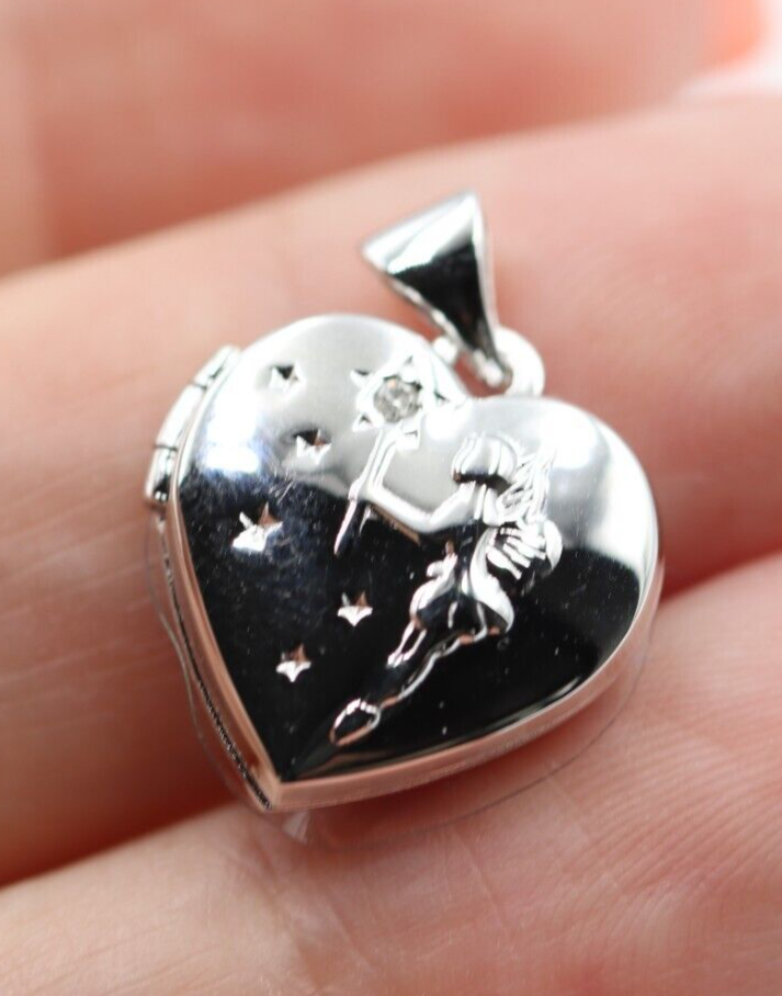 Sterling Silver 925 15mm Diamond Heart Diamond Set Fairy Locket