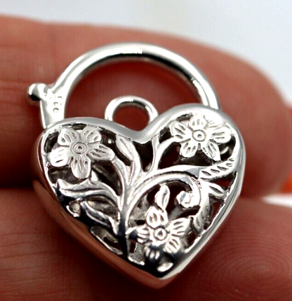 Large Sterling Silver 925 Filigree Heart Padlock Pendant 20mm