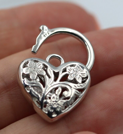 Large Sterling Silver 925 Filigree Heart Padlock Pendant 20mm