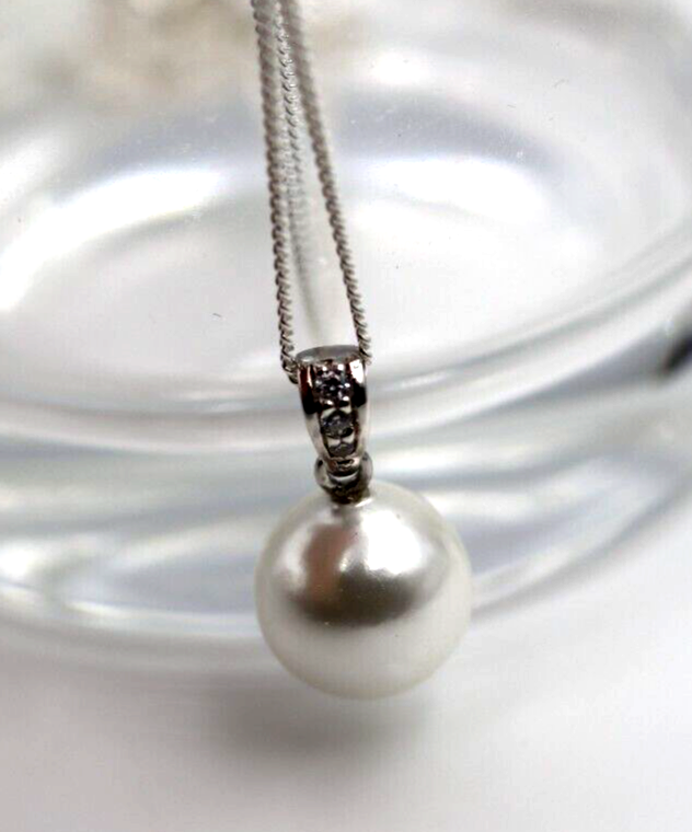 Sterling Silver 925 10mm CZ Freshwater Shell Pearl Pendant + Necklace