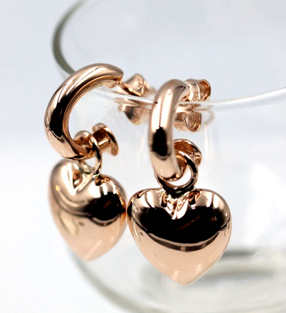 Kaedesigns Genuine 9ct 9kt Large Yellow, Rose or White Gold Dangle Bubble Puffed Heart Stud Earrings