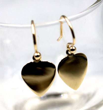 Genuine 9ct 9k Disc Yellow, Rose or White Gold Hook Dangle Heart Earrings