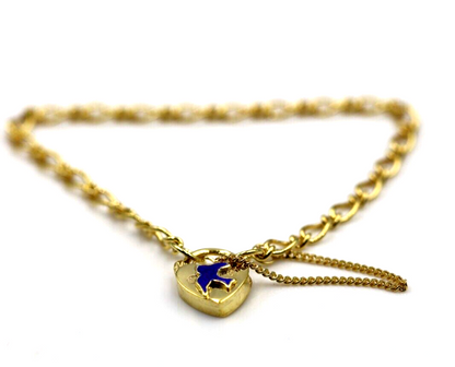 Genuine 9ct Yellow Gold Oval Figaro Child Bracelet + Heart Padlock Blue Bird