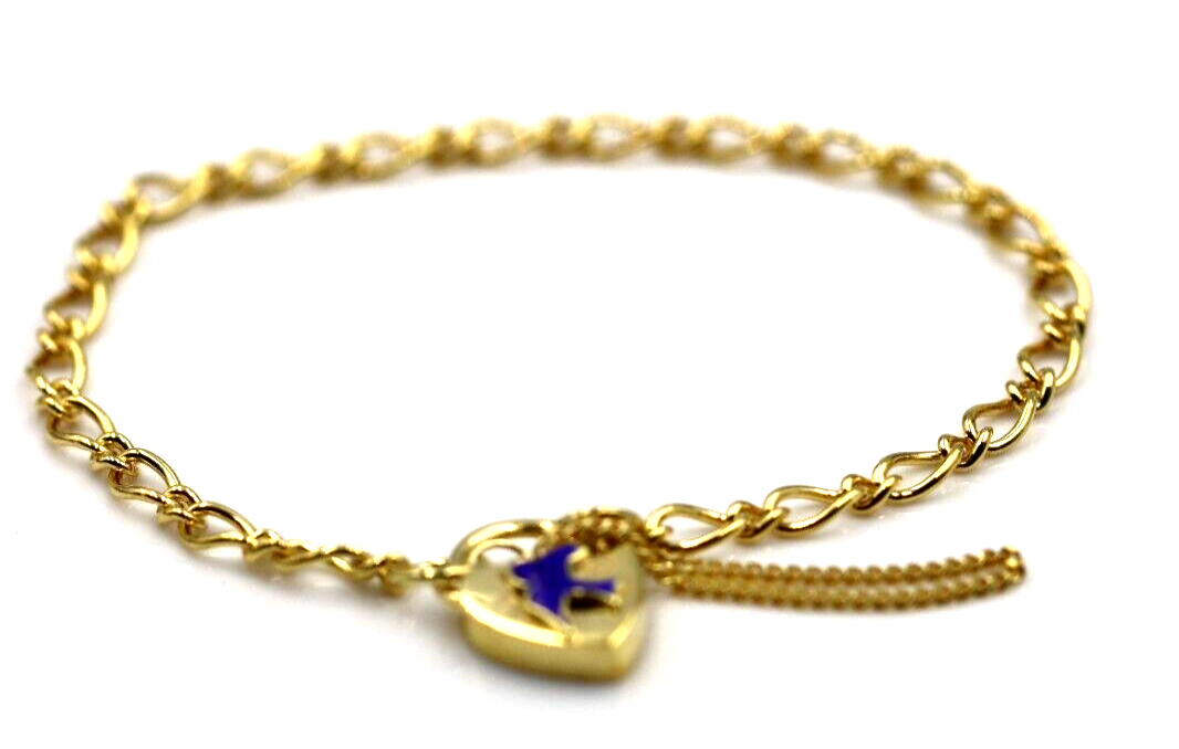 Genuine 9ct Yellow Gold Oval Figaro Child Bracelet + Heart Padlock Blue Bird