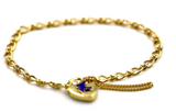 9ct Yellow Gold Oval Figaro Child Bracelet + Heart Padlock Blue Bird -Free Post