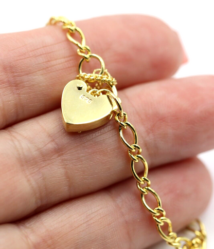 Genuine 9ct Yellow Gold Oval Figaro Child Bracelet + Heart Padlock Blue Bird