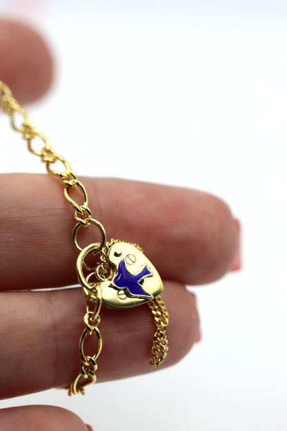 Genuine 9ct Yellow Gold Oval Figaro Child Bracelet + Heart Padlock Blue Bird