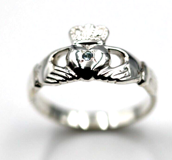 Genuine Sterling Silver 925 Aquamarine (Birthstone Of March) Claddagh Ring - Choose your size