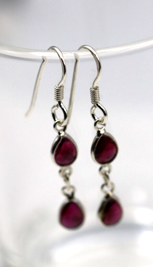 Sterling Silver 925 Garnet Drop Hook Earrings