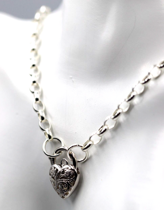 Sterling Silver Belcher Link Chain Necklace + Filigree Heart Pendant -Free Post