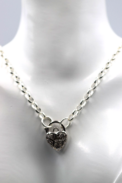 Sterling Silver 925 Belcher Link Chain Necklace + Filigree Heart Pendant