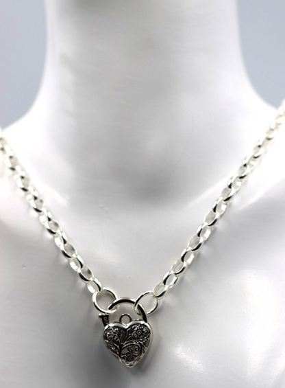 Sterling Silver 925 Belcher Link Chain Necklace + Filigree Heart Pendant