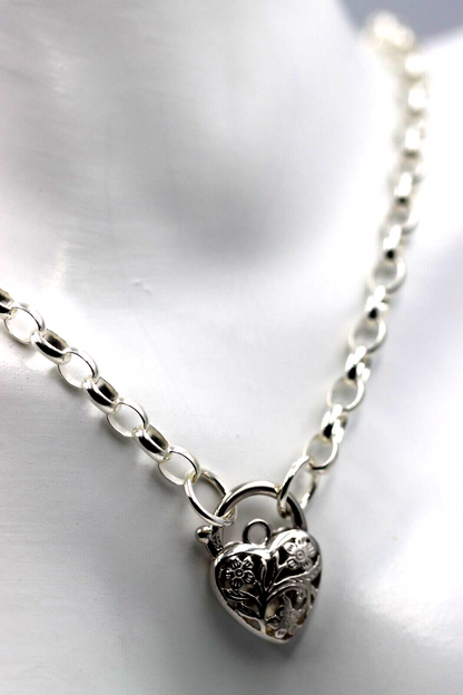 Sterling Silver 925 Belcher Link Chain Necklace + Filigree Heart Pendant