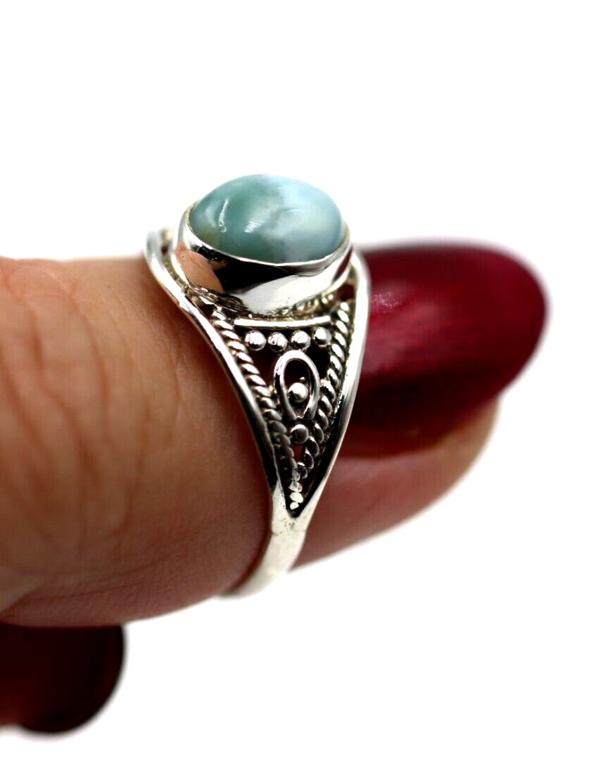 Size Q Genuine Sterling Silver 925 Filigree Oval Larimar Ring