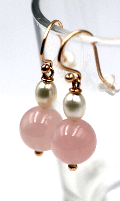 Genuine 9ct 9K Rose Gold Freshwater Pearl & Rose Quartz Bead Earrings-Free post