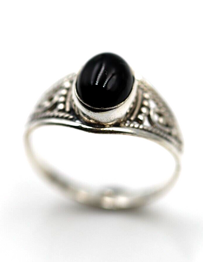 Size Q Genuine Sterling Silver Oval Filigree Black Onyx Ring