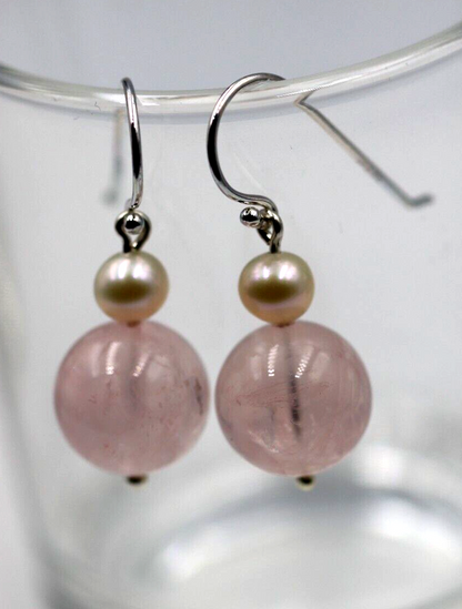 Sterling Silver 925 Freshwater Cultured Pearl & Rose Quartz Hook Earrings