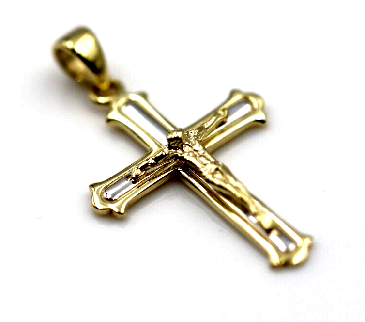 Genuine 9ct 9k 375 9ct Two Tone Yellow/ White Gold Crucifix Pendant