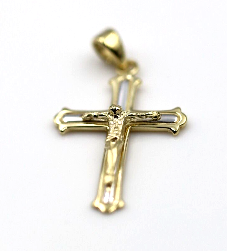 Genuine 9ct 9k 375 9ct Two Tone Yellow/ White Gold Crucifix Pendant