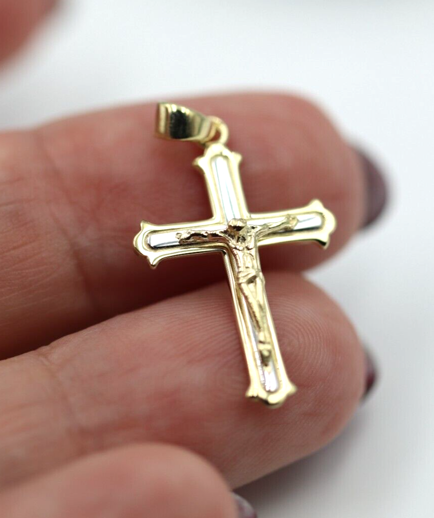 Genuine 9ct 9k 375 9ct Two Tone Yellow/ White Gold Crucifix Pendant