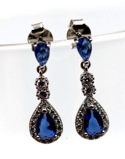 Genuine Sterling Silver 925 Blue Stone Drop Stud Earrings