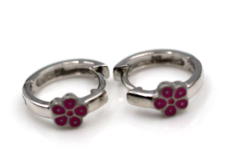 Genuine New Sterling Silver 925 Pink Enamel Huggies Flower Earrings