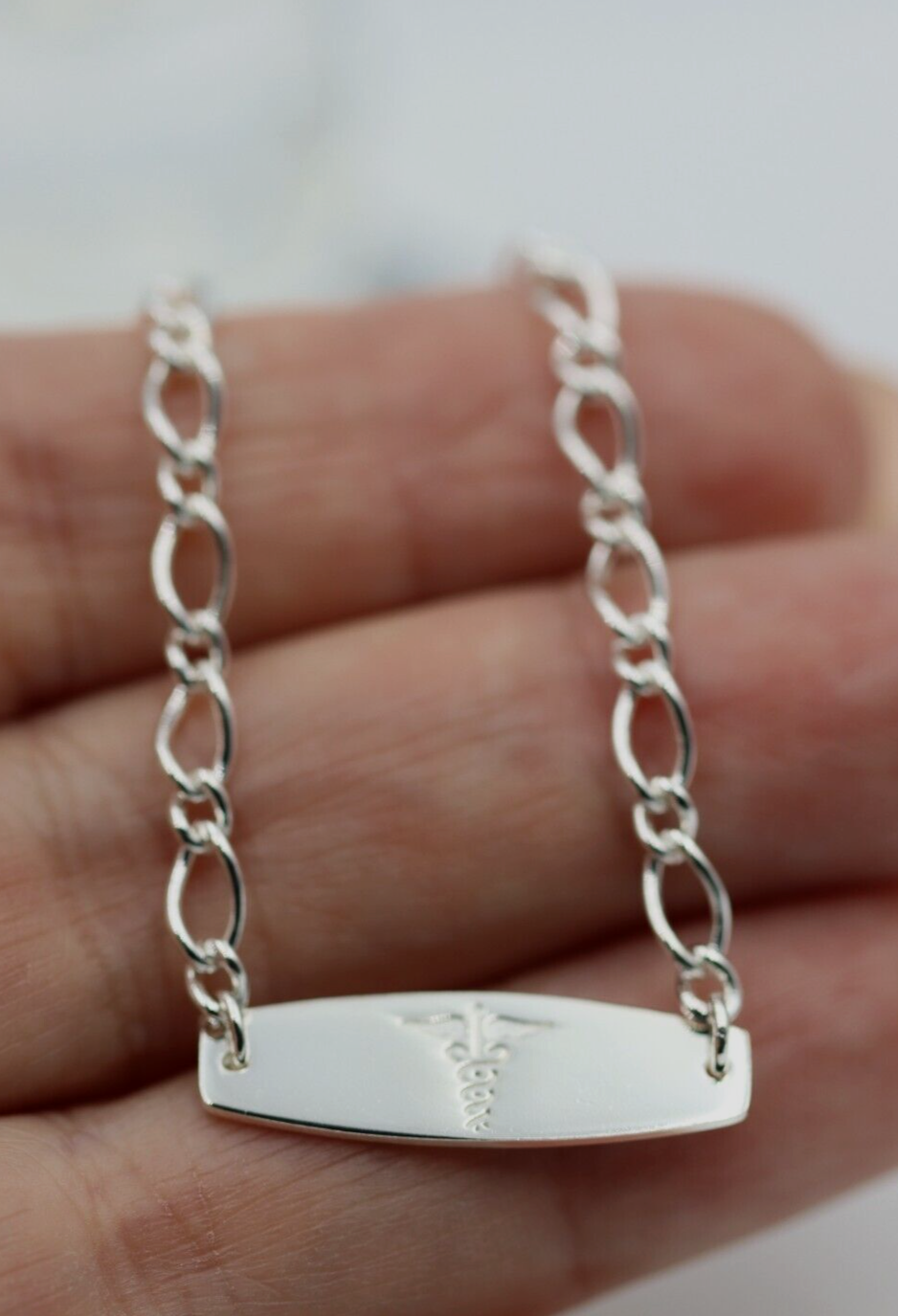 Genuine 925 Sterling Silver Oval Figaro Medical ID Bracelet 19cm