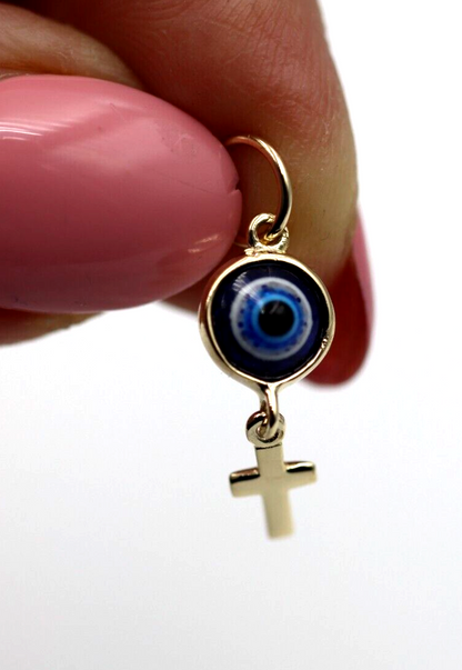 Genuine 9ct Yellow, Rose or White Gold Greek Mati Nazar Lucky Evil Eye + Cross Charm or Pendant