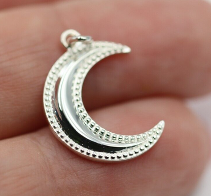 Genuine Solid 925 Sterling Silver Crescent Half Moon Pendant + Chain