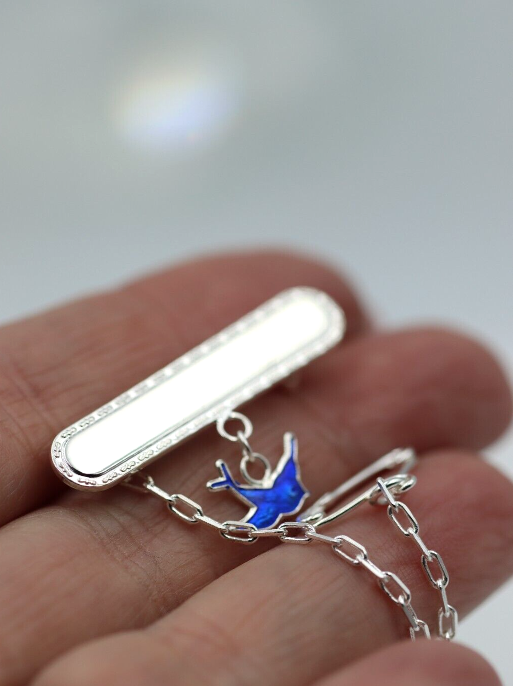 Sterling Silver Enamel Bluebird ID Name Baby Brooch, Free Laser Engraving