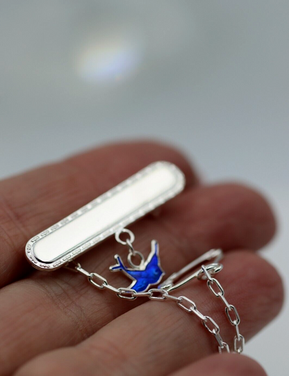 Sterling Silver Enamel Bluebird ID Name Baby Brooch, Free Laser Engraving