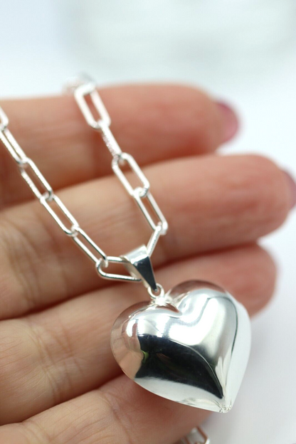 Sterling Silver 925 Paperclip Chain Necklace + Puffy Heart Pendant