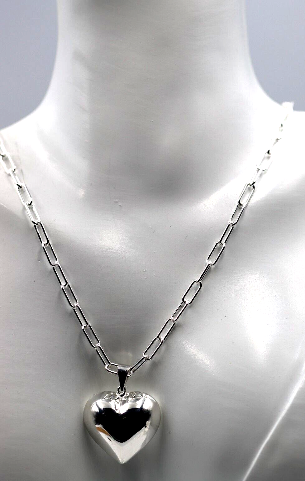 Sterling Silver 925 Paperclip Chain Necklace + Puffy Heart Pendant