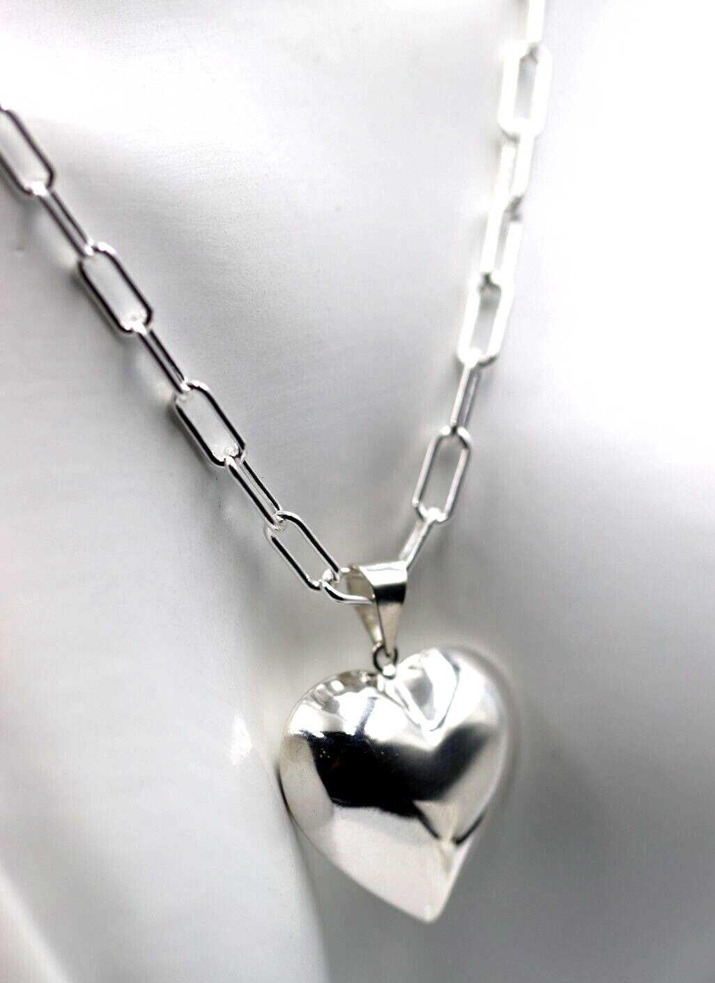 Sterling Silver 925 Paperclip Chain Necklace + Puffy Heart Pendant