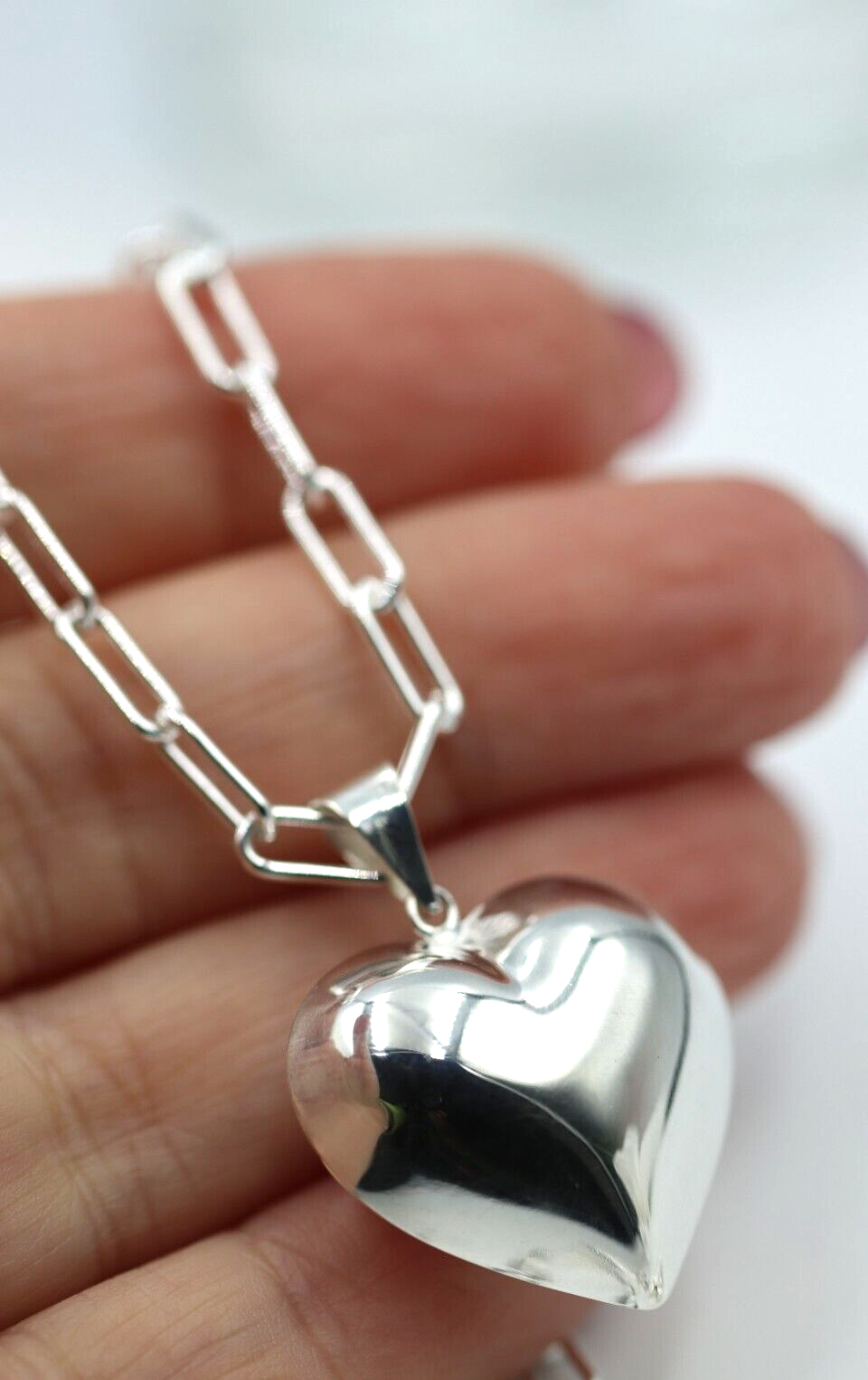 Sterling Silver 925 Paperclip Chain Necklace + Puffy Heart Pendant