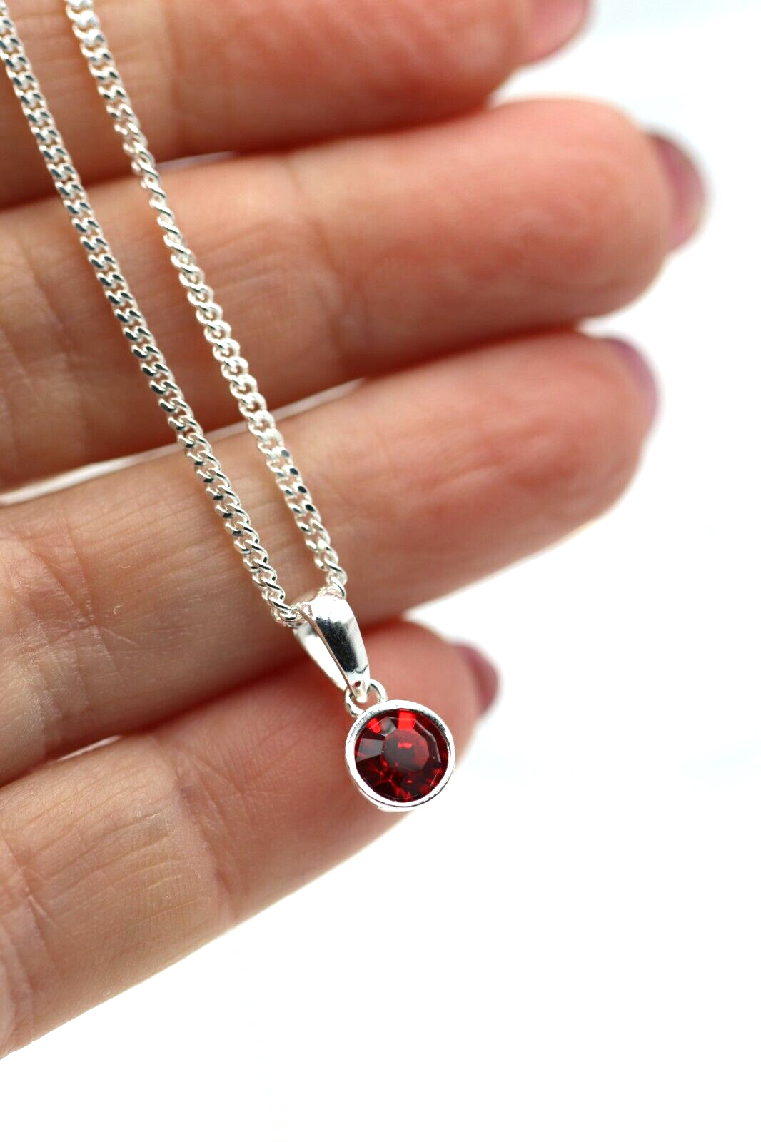 Genuine Sterling Silver Round Crystal Birthstone Bezel Pendant/Charm + Necklace - Available January to December birthstones